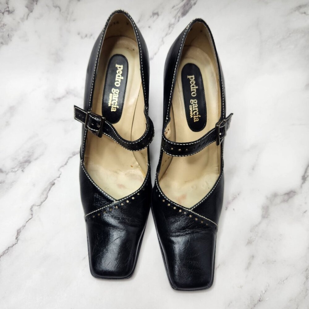 Pedro Garcia Black Leather Y2K Square Toe Block Wall Mary Jane Heels Size 7 - Picture 2 of 9